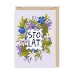 Fioletowa kartka urodzinowa ze znaczkiem „Sto Lat!”
