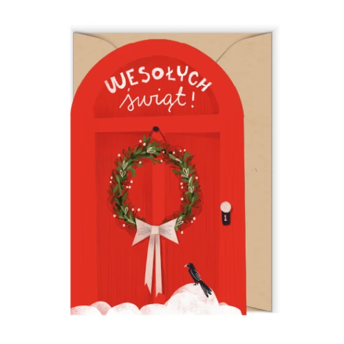 Wycinana kartka bożonarodzeniowa „Wesołych Świąt – Czerwone Drzwi”
